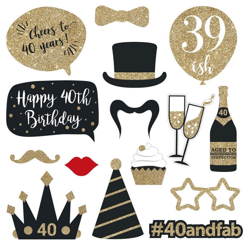 Perfect Occasion Fully Assembled 40th Birthday Photo Booth Props - Set of 30 - Black & Gold Selfie Signs - 40th Party Supplies & Decorations - Cute Bday Designs with Real Glitter - Did We Mention No DIY - Image 4